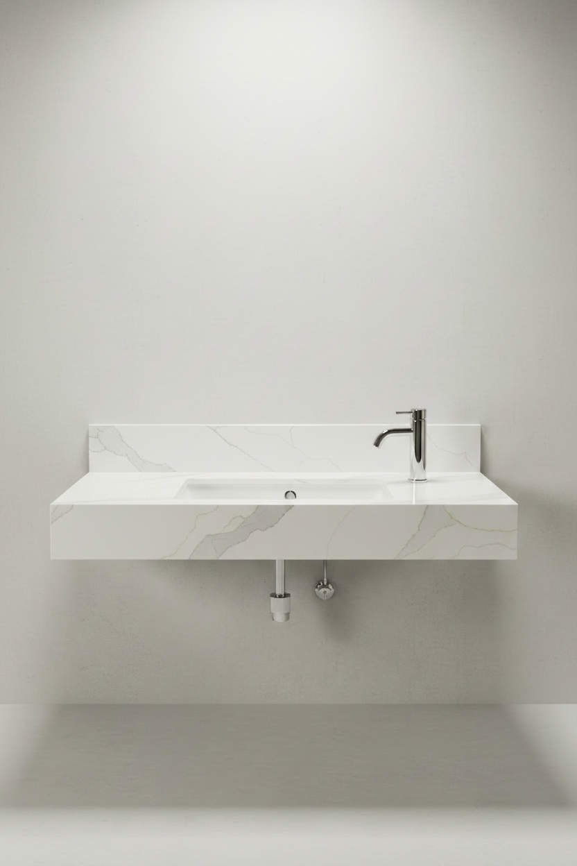 Statuario Quartz Bathroom Countertop – Non-Porous White Stone | Marble Studio UAE